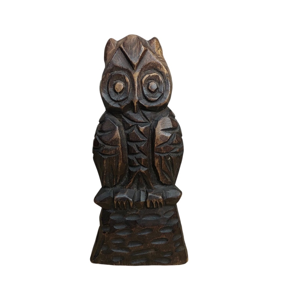 Vintage Hand Carved Wood Owl Rustic Stained Art Accent Piece